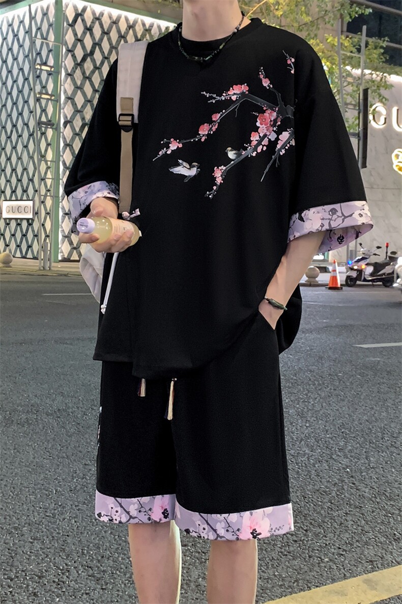 新中式风两件套夏季新中式禅意短袖t恤男套装A436-D220-P52,男装休闲套装,电商A436