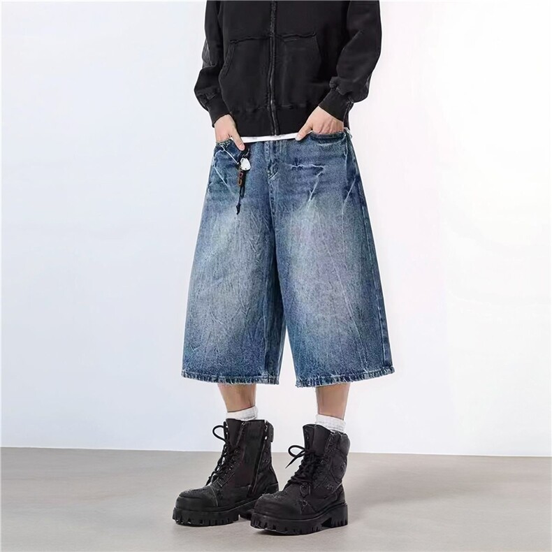 NK2832-P50美式高街闪电纹七分牛仔裤男潮牌宽松短裤阔腿7分裤，男装牛仔裤，电商A306-2