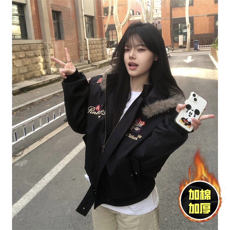 现货高品质美式高街重磅刺绣座山雕大毛毛领棉衣男女加厚棉服外套，男装棉衣，电商A486-1