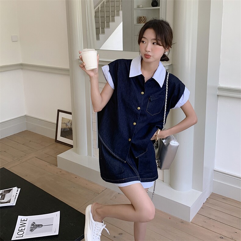 上新现货牛仔拼接休闲套装2C098-868P145K198,女装套装/套裙,2C098