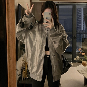 复古棒球服外套女春秋冬休闲宽松中长款立领机车夹克上衣C703-88图片