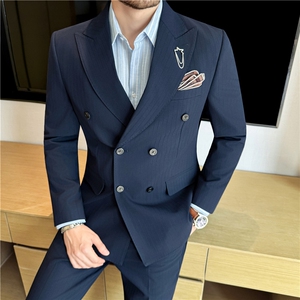 高级感暗条纹戗驳领双排扣西服套装男西装西裤两件套LJT8063-P295图片