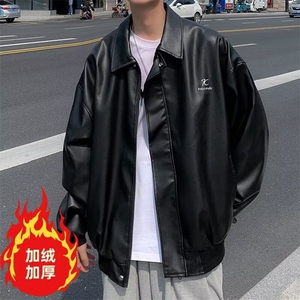 高级感PU皮衣夹克加绒痞帅机车美式韩版美拉德风外套Y1011P85网图图片