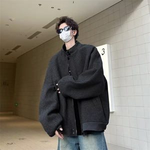 秋冬灰色立领设计款夹克男士宽松呢料风衣呢子外套 JK5504图片