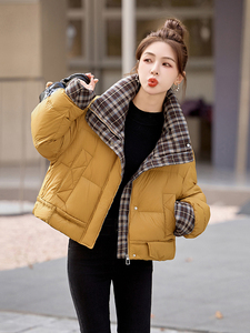 短款羽绒服女2024冬季新款小个子高级感超好看洋气拼接格子面包服图片
