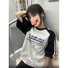 夏季美式高街重磅纯棉三条杠织带插肩撞色男女短袖T恤CZ98-特P25，男装T恤，电商A486