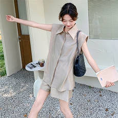 工装风休闲马甲短裤套装女2025夏季新款韩系高级感无袖衬衫两件套，女装套装/套裙，2C135