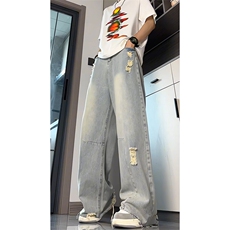 浅蓝色毛边破洞牛仔裤男女夏季显瘦弯刀裤直筒裤NK8652-特价P50，男装牛仔裤，电商A007