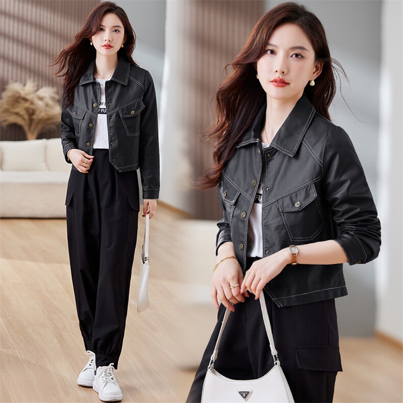 皮衣外套女2023年秋冬新款水洗皮机车服显瘦pu皮夹克韩版短外套潮,女装皮衣,江南女神