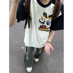 抖音得物高品质二开240克宽松纯棉美式潮牌插肩袖拼接短袖T恤图片