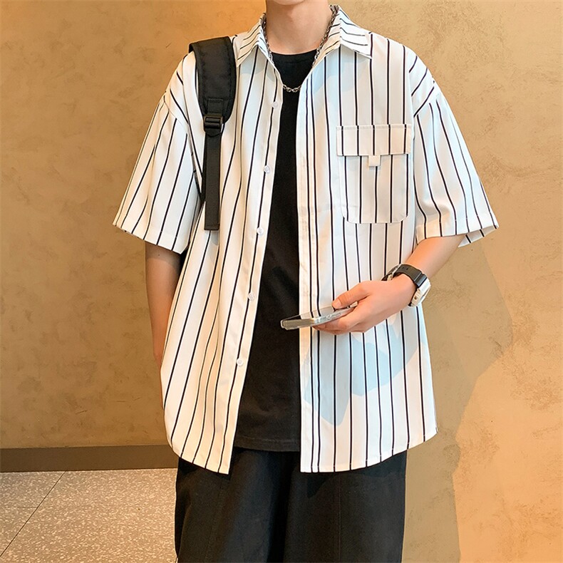 24年港风夏款工装条纹宽松短袖衬衫男CS110P38,男装衬衫,星座1204-3