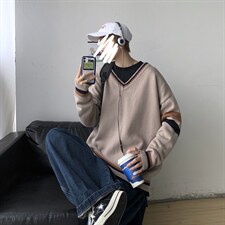 秋冬新款港风撞色V领毛衣男女同款情侣日系套头针织衫W08/P65,男装针织衫/毛衣,钱塘713