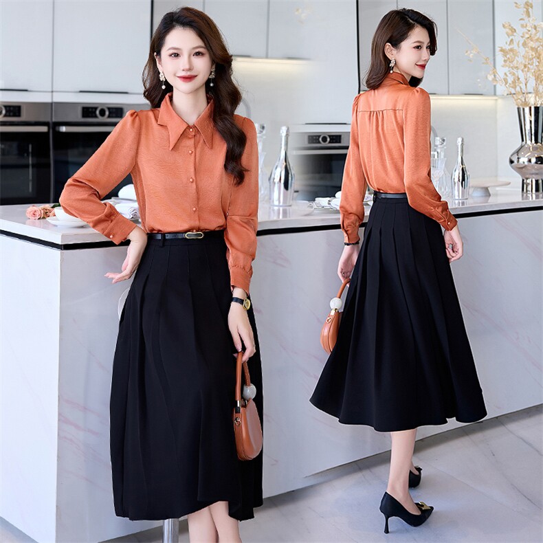 通勤职业女套装商务休闲时尚简约气质优雅长袖衬衫配A字摆半身裙，女装套装/套裙，时尚俏佳人