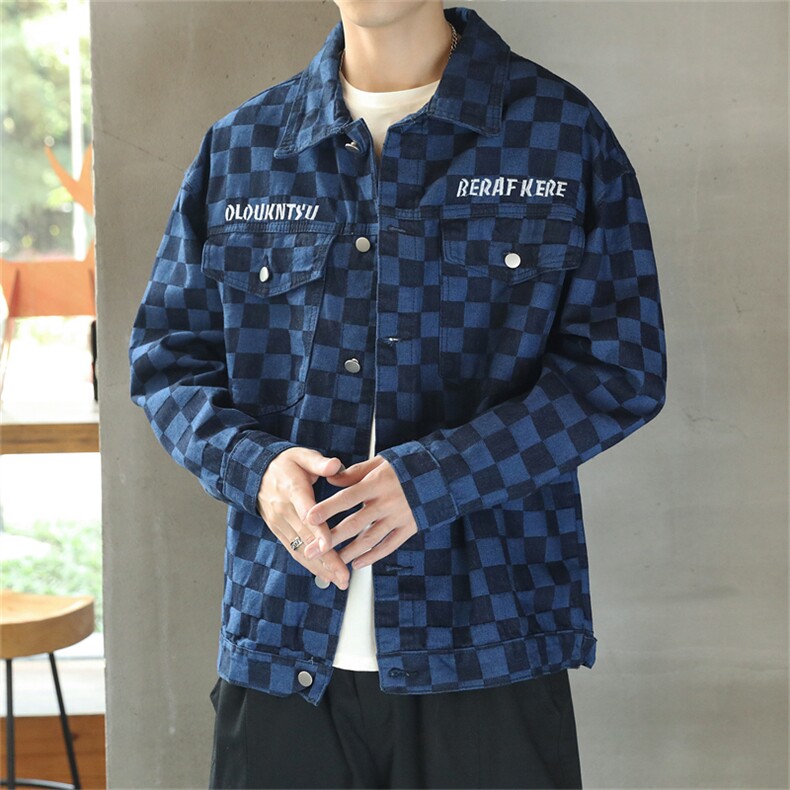 2023春季外套男字母刺绣宽松格子牛仔衣男潮流休闲夹克JK817-P65，男装工装外套，星座1103-1