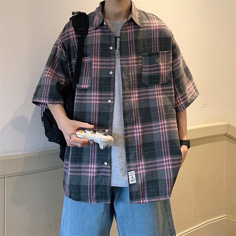 2026夏宽松潮男休闲五分袖衬衫半袖格子衬衣C600/P35粉色,男装衬衫,电商A094