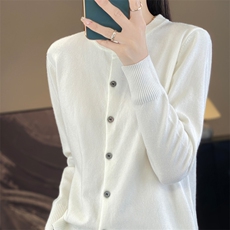 时尚女装安迪绒双层圆领开衫舒适百搭针织衫显瘦修身毛衣，女装针织衫/毛衣，桦兴羊绒