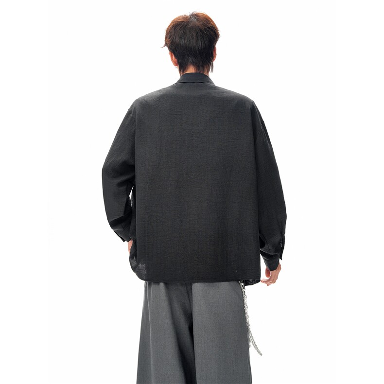 春夏男士衬衫冰丝薄款休闲上衣宽松垂感百搭黑色翻领长袖衬衣,男装衬衫,电商B319