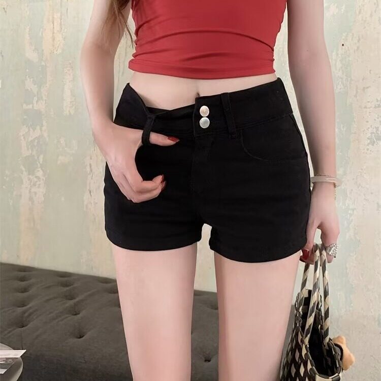 拉夏贝尔黑色弹力牛仔短裤女夏季高腰辣妹修身直筒裤白色包臀热裤,男装牛仔裤,星座1210-1