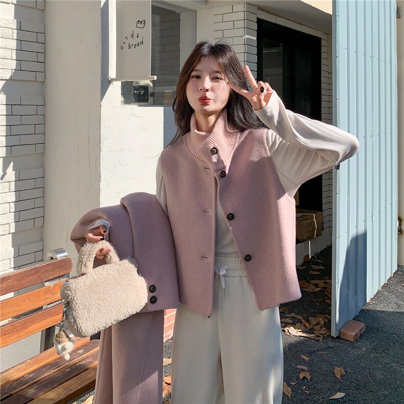 粉色羊绒大衣马甲两件套女中长款秋季新款韩系高级感气质毛呢外套,女装毛呢外套,2C030