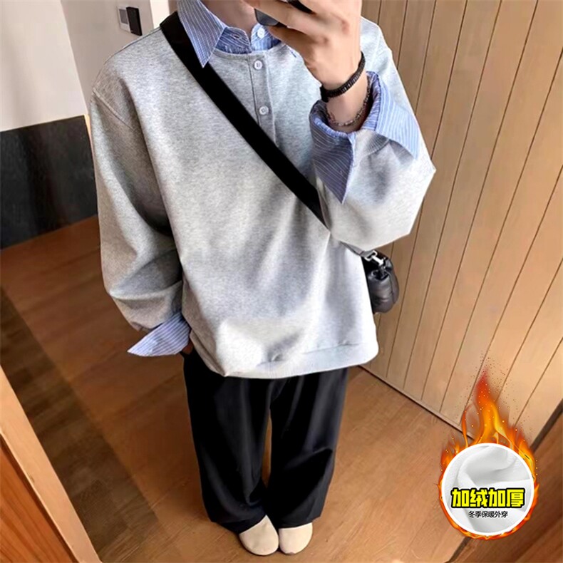 重磅加绒硬挺boxy男女美式高街假两件衬衫领长袖卫衣POLO领打底衫,男装T恤,电商A443