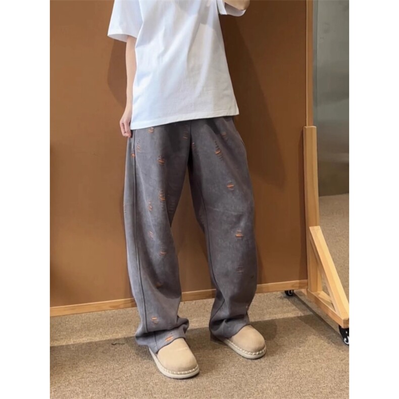 现货~撞色破洞直筒裤小众设计感弯刀卫裤运动休闲裤KZ9874P55,男装休闲裤,星座908-1