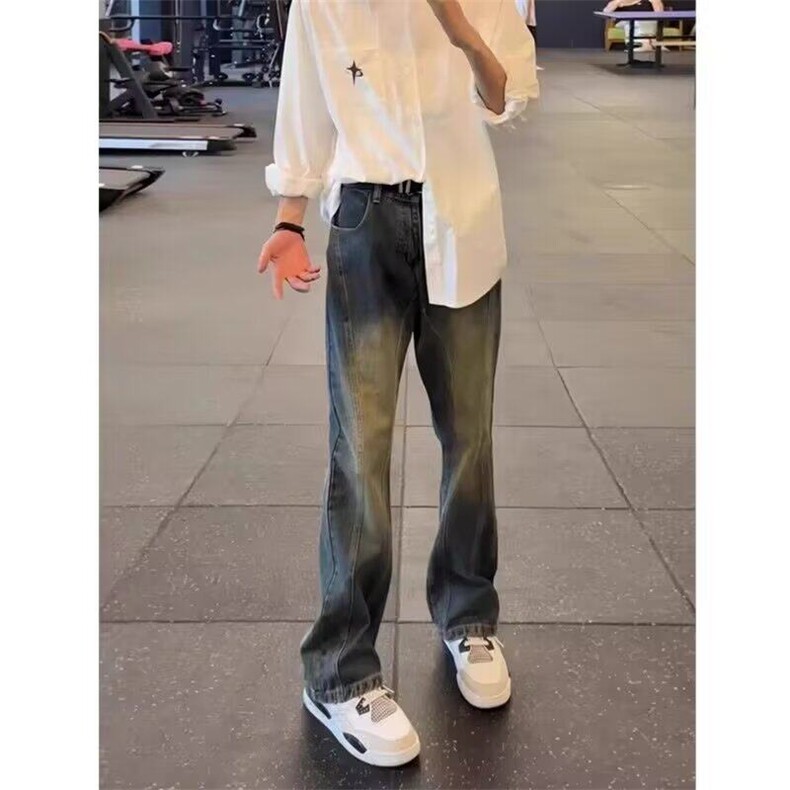现货拼接牛仔裤男美式痞帅高级感裤子加长弯刀微喇裤LG622-P45，男装牛仔裤，星座1008