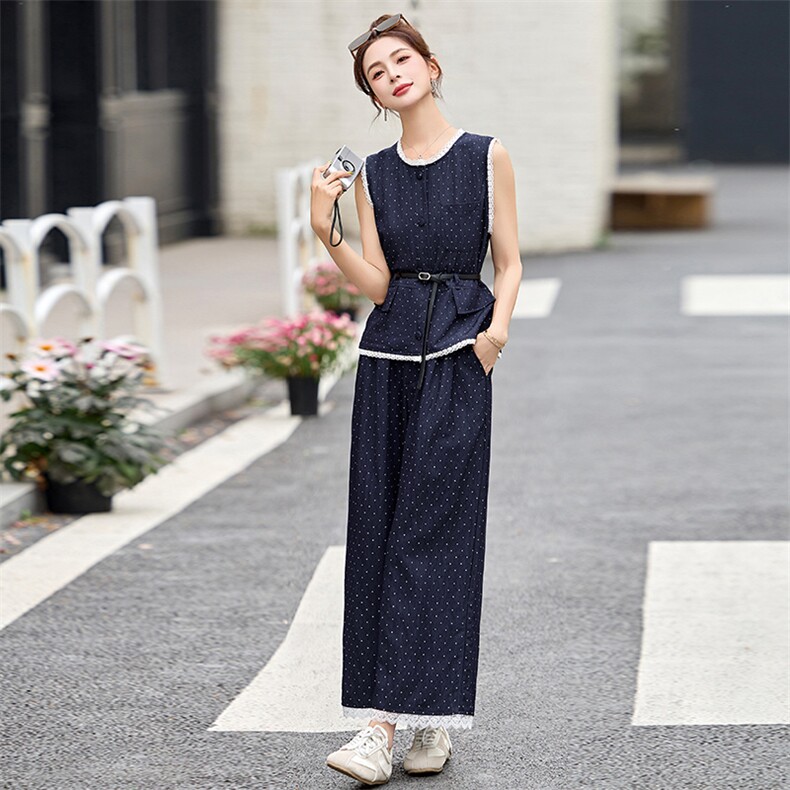 蕾丝花边拼接波点套装裤女2025夏季新款无袖马甲背心阔腿裤两件套,女装套装/套裙,沁沁公主