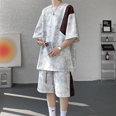 8XL-M民族风潮拼接休闲运动套装男夏季学生短袖短裤TZ38001P60，男装休闲套装，电商B312