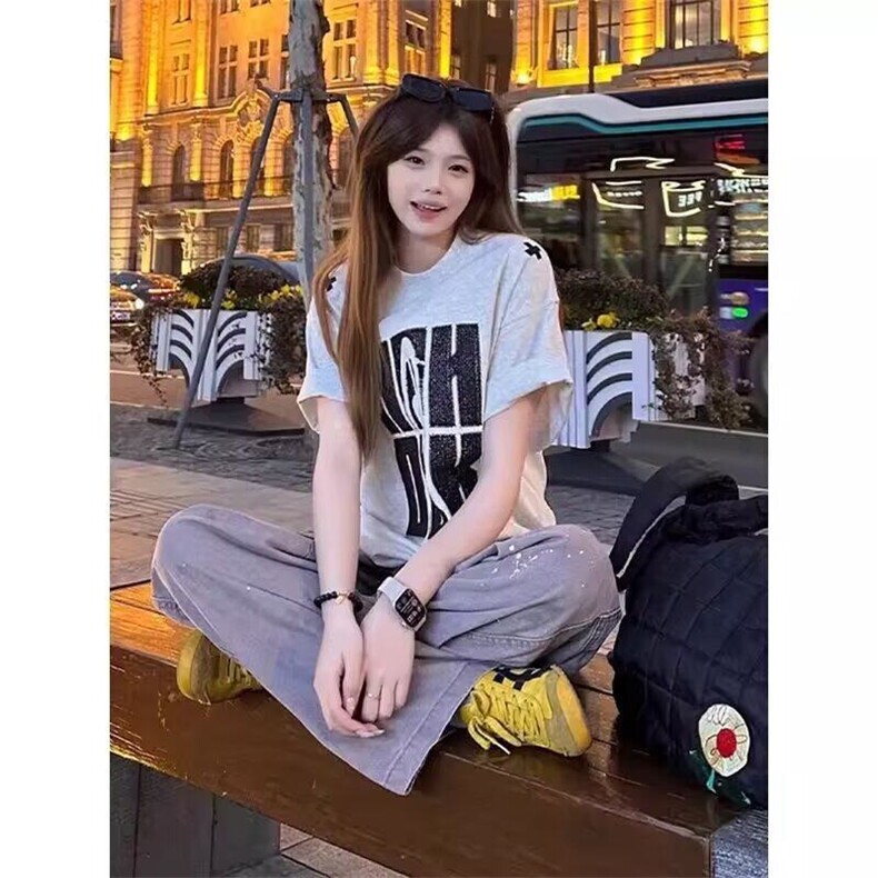 美式高街刺绣正肩t恤女夏季灰色短袖新款宽松学院风情侣上衣TX14,男装T恤,星座1116A（原606A-3）