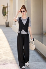 设计感假两件上衣阔腿裤套装女2025年夏季新款洋气减龄显瘦两件套，女装套装/套裙，秀美人生