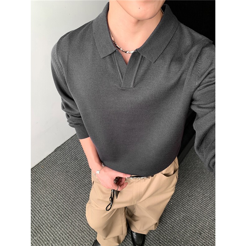 秋季新款老钱风翻领针织衫毛衣男款POLO领打底衫外套MK76-P45,男装Polo衫,星座610B-1