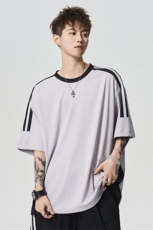 条纹拼接纯色情侣短袖潮牌简约宽松休闲T恤衫男A406T6068特P33，男装T恤，星座309（原A406）