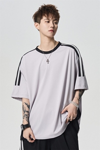 条纹拼接纯色情侣短袖潮牌简约宽松休闲T恤衫男A406 T6068 特P33图片