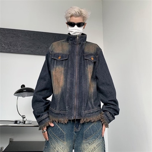 美式潮牌复古毛边痞帅夹克春季水洗做旧牛仔上衣外套男 W8097-P72图片