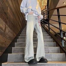 美式高街流星锤裤链刺绣牛仔裤男款宽松直筒微喇休闲裤RK2339-P46，男装休闲裤，星座412-2