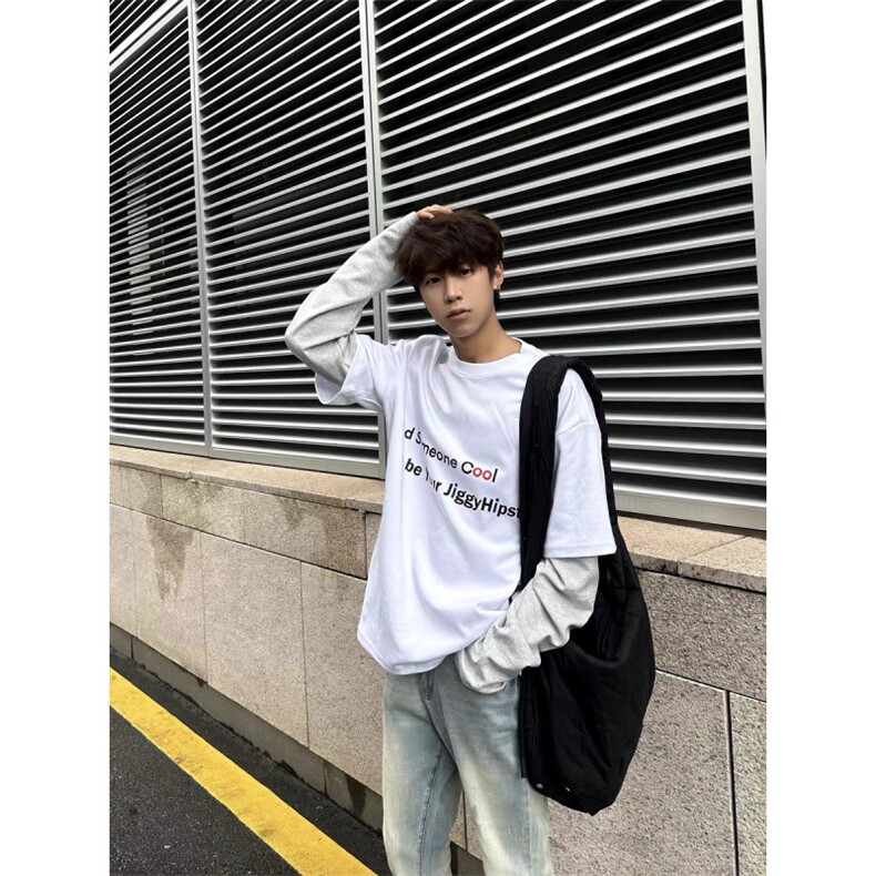 现货自制300克纯棉双纱假两件长袖t恤，男装T恤，星座807