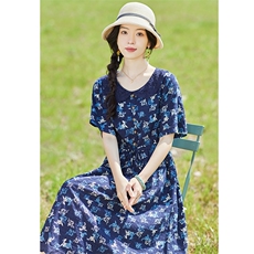 2023夏装新款时尚修身棉麻连衣裙文艺清新优雅女裙收腰过膝，女装连衣裙，铭街依杨