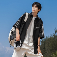 港风24夏款时尚印花织带拼接短袖衬衫TPS62601P35控58，男装衬衫，电商A268A