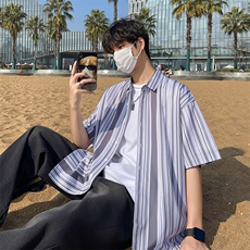 花衬衫男短袖夏季条纹休闲上衣服外套翻领大码衬衣A012/863P35，男装衬衫，电商A012
