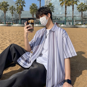 花衬衫男短袖夏季条纹休闲上衣服外套翻领大码衬衣A012/863P35图片