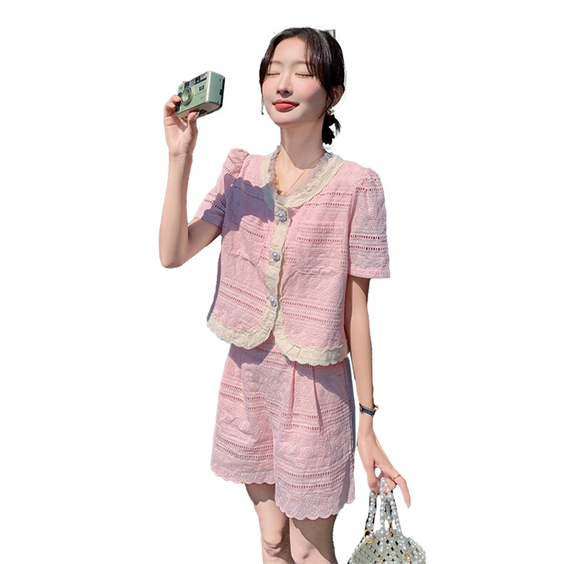 法式甜美小香风花边上衣套装女2025夏季新款宽松显瘦短裤子两件套,女装套装/套裙,2C029