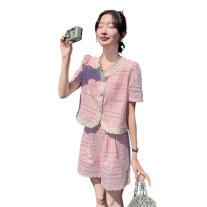 法式甜美小香风花边上衣套装女2025夏季新款宽松显瘦短裤子两件套图片