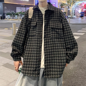 特批P59无差价港风高级感衬衫夹克千鸟格潮流毛呢外套男J25861图片