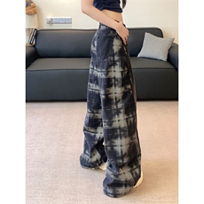 2384-P52格纹拼接牛仔裤子女春秋新款宽松垂感拖地阔腿裤，女装休闲裤，电商A306A