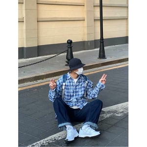 网红潮男穿搭春秋新款扎染格子衬衫港风翻领百搭衬衣外套G374P40图片