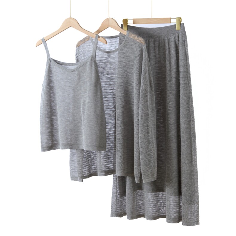 夏季新款防晒三件套装针织吊带薄宽松镂空罩衫A字半身裙时尚韩范，女装套装/套裙，东远绒业