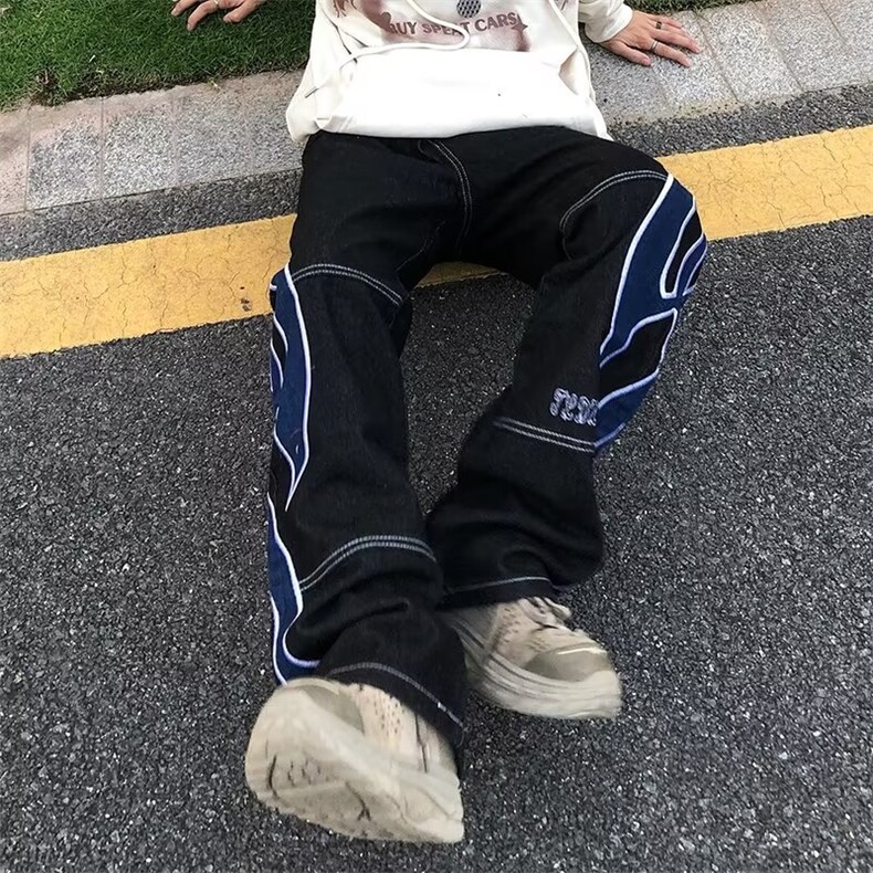 新品嘻哈日系高街休闲牛仔裤宽松阔腿直筒裤男贴布刺绣NC14P62,男装牛仔裤,星座1116-2