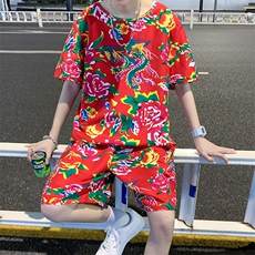 TZ203男女休闲东北大花短袖圆领T恤衫短裤可套装单选团队服风，男装休闲套装，星座115A(原星座507）