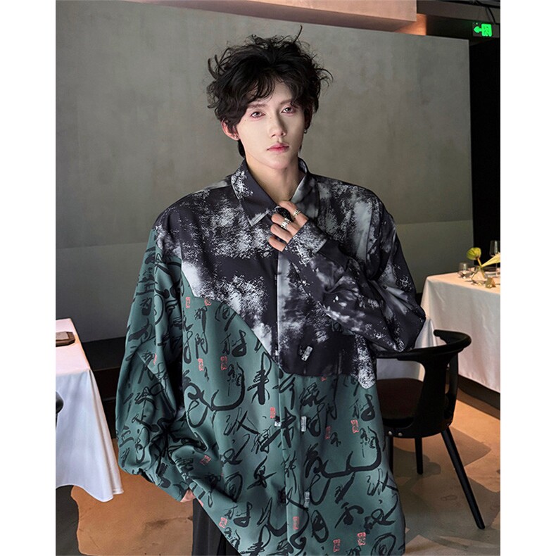 CS1152-特批38控68秋季新款新中式撞色拼接长袖冰丝衬衫大码男,男装衬衫,电商A059