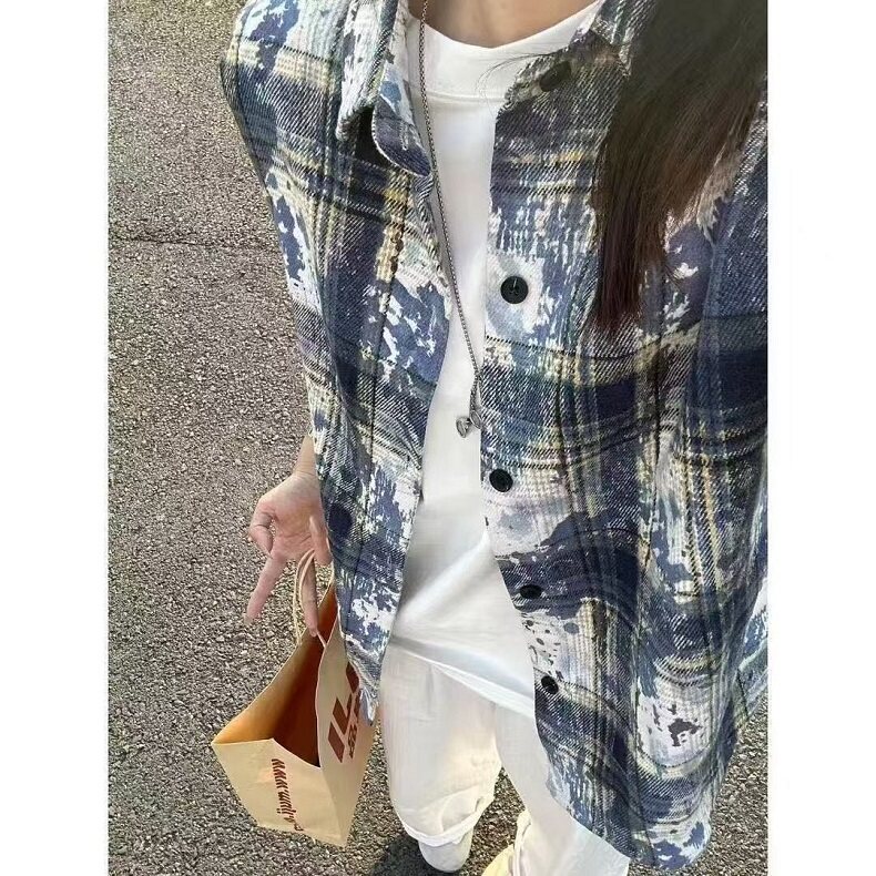 绿色扎染格子短袖衬衫男女夏季薄款宽松防晒衬衣cleanfit情侣外套,男装T恤,星座1116A（原606A-3）